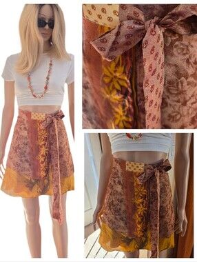 Earthbound Trading Co. Gold Burgundy  Wrap Skirt Mini Polyester Boho